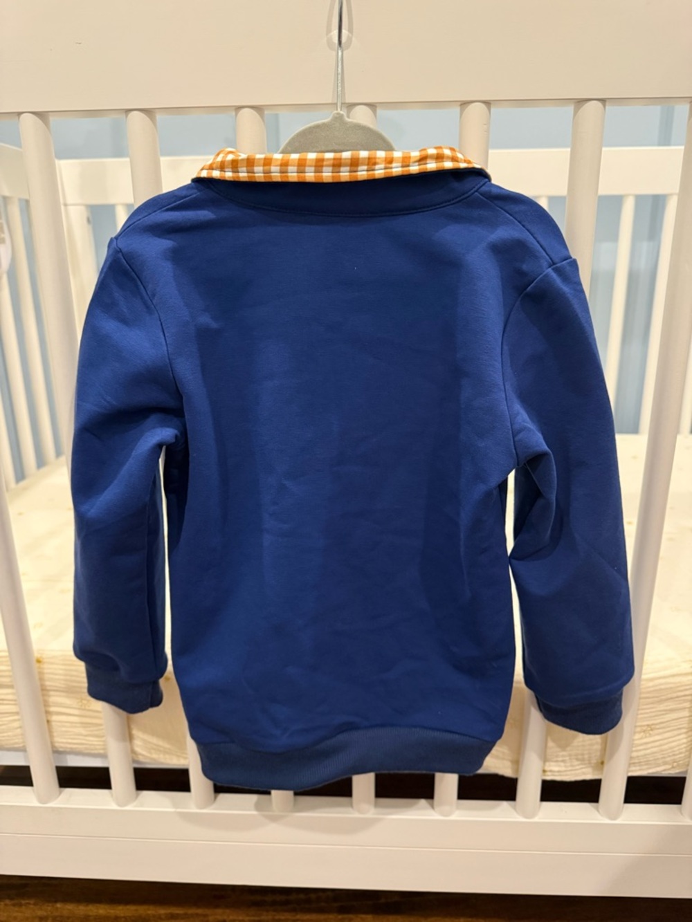 Boys Navy Pullover with Orange Gingham Collar and Football Applique - Picture 3 of 3